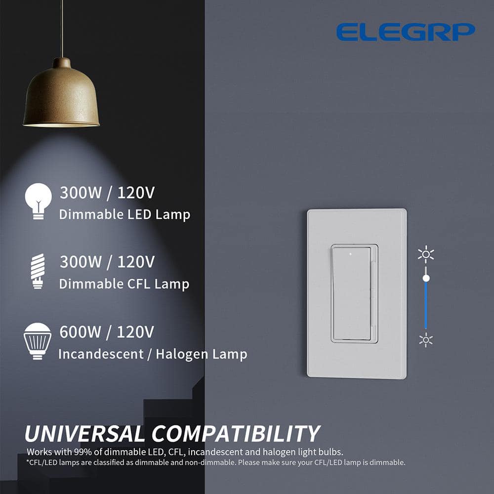 ELEGRP Slide Dimmer Switch for Dimmable LED ,CFL,Incandescent Bulbs ,Single Pole/ 3-Way, Wall Plate Included, White (2-Pack)